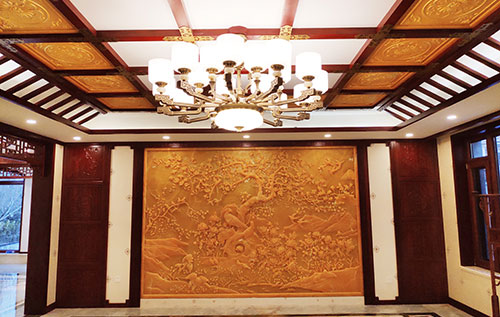 长汀中式别墅客厅中式木作横梁吊顶装饰展示